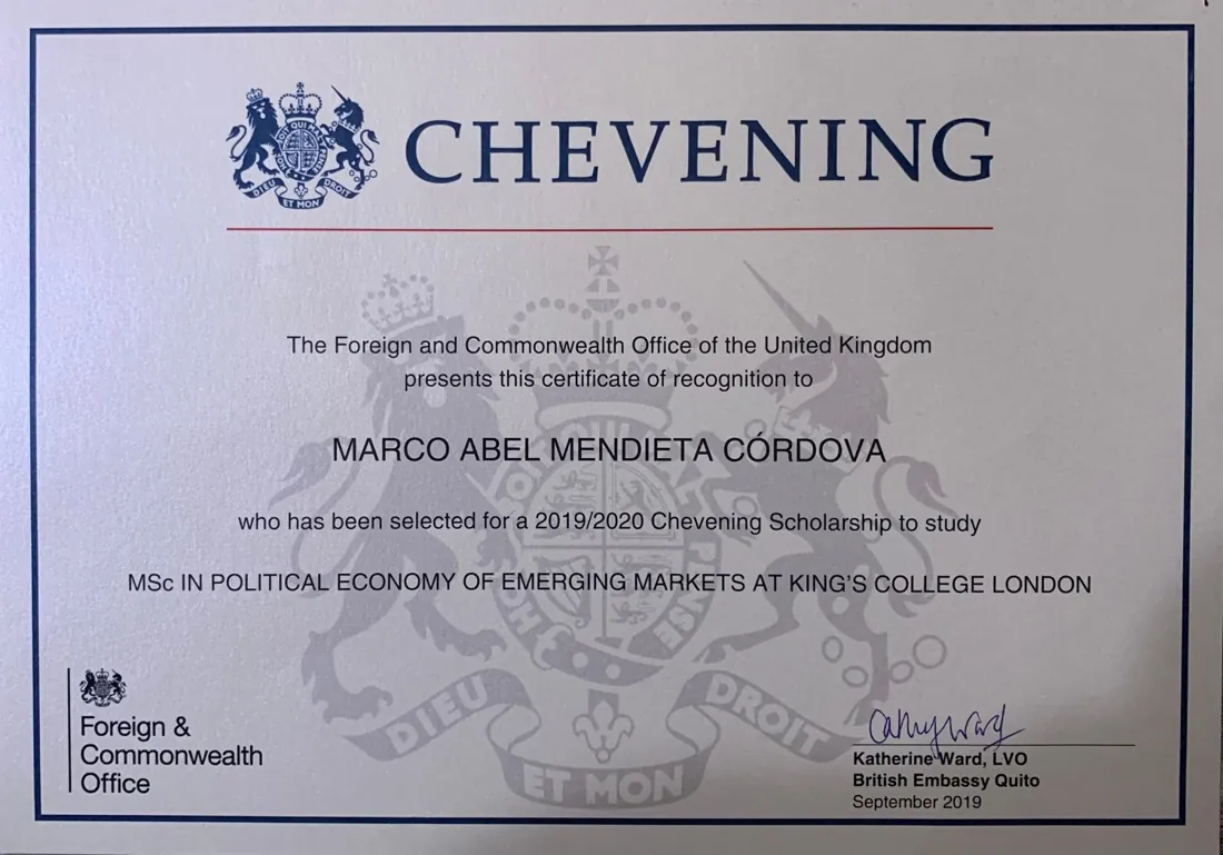 Mi certificado Chevening 2019/2020.