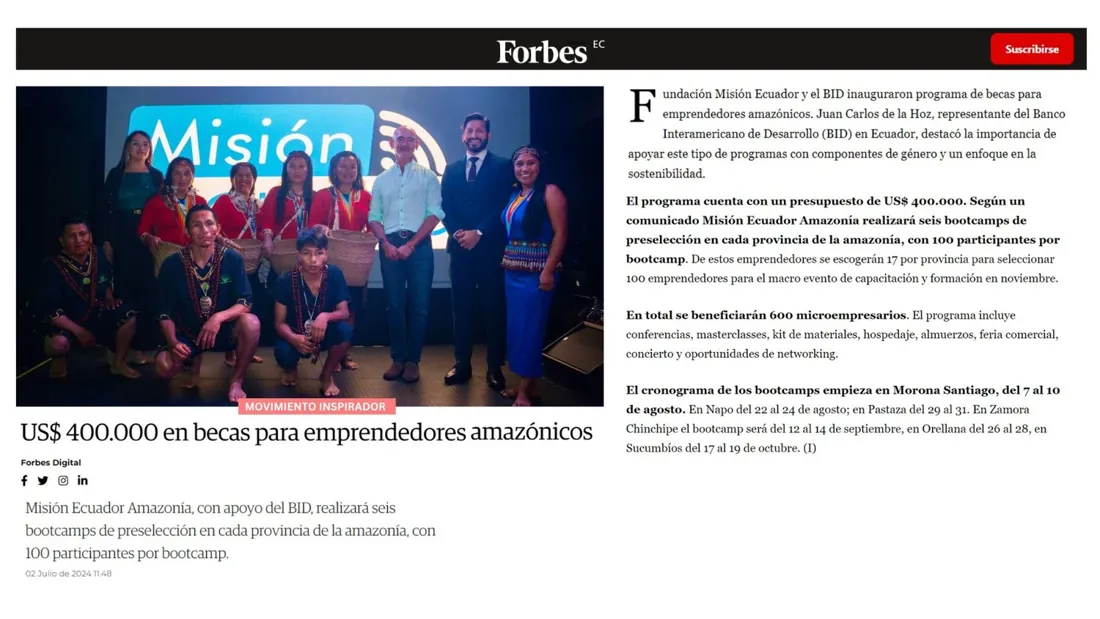 Forbes Ecuador cuenta Misión Ecuador Amazonía 2024.