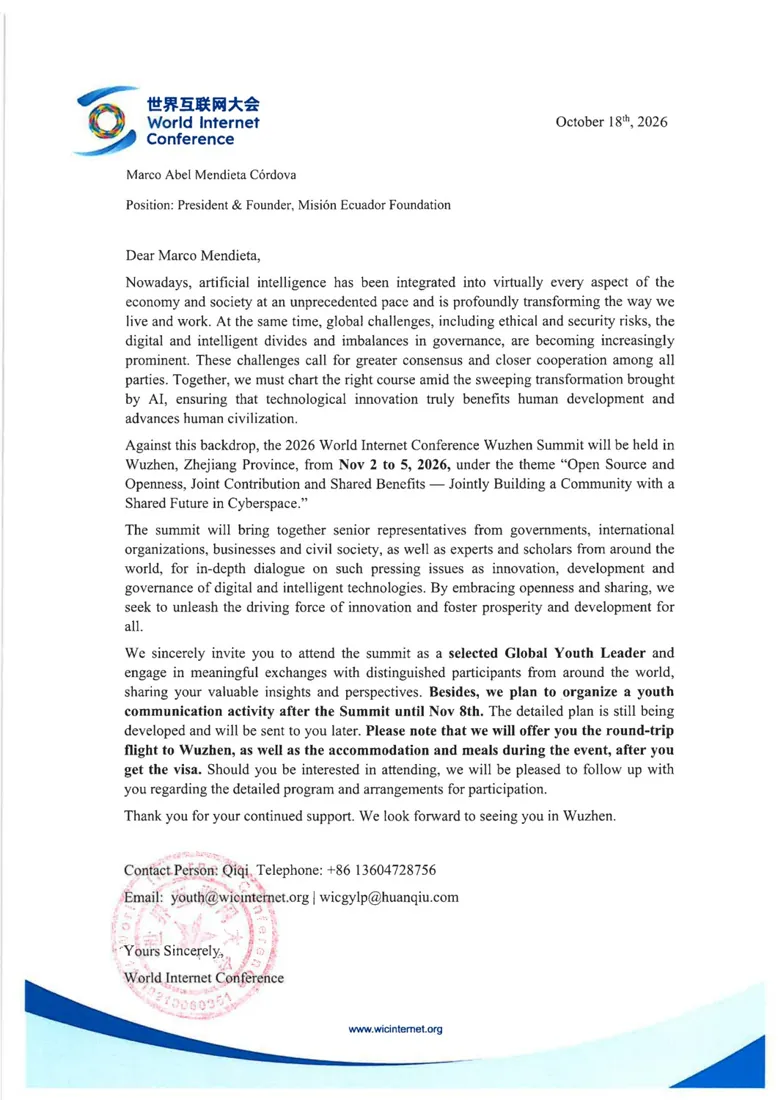 Mi invitación a Wuzhen (China): Global Youth Leader 2026.